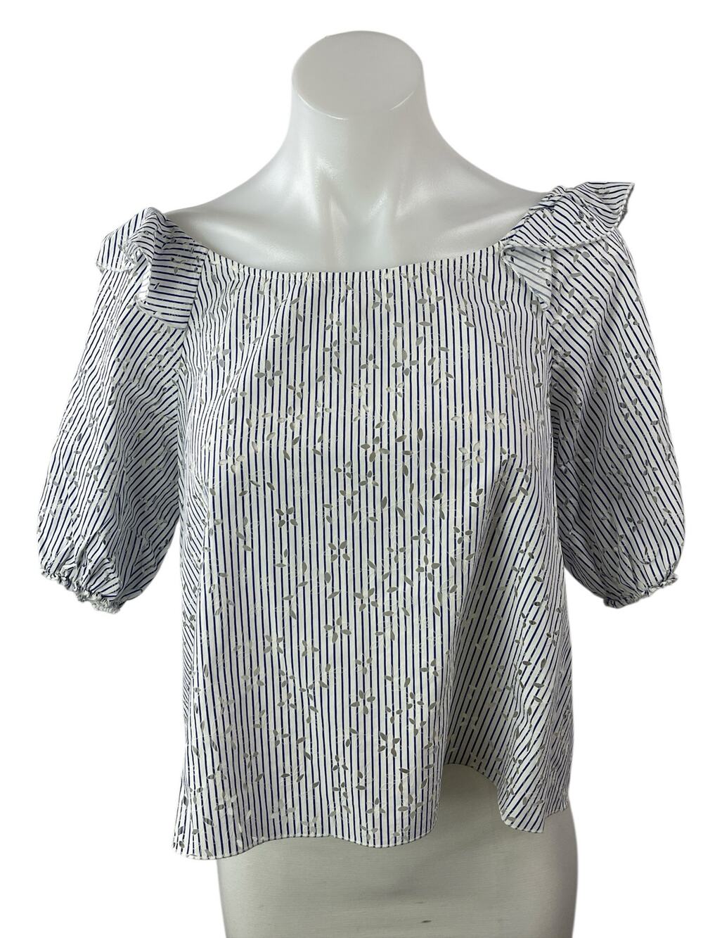 Zara Womens White Blue Striped Embroidered Eyelet Short Sleeve Blouse Top Size S